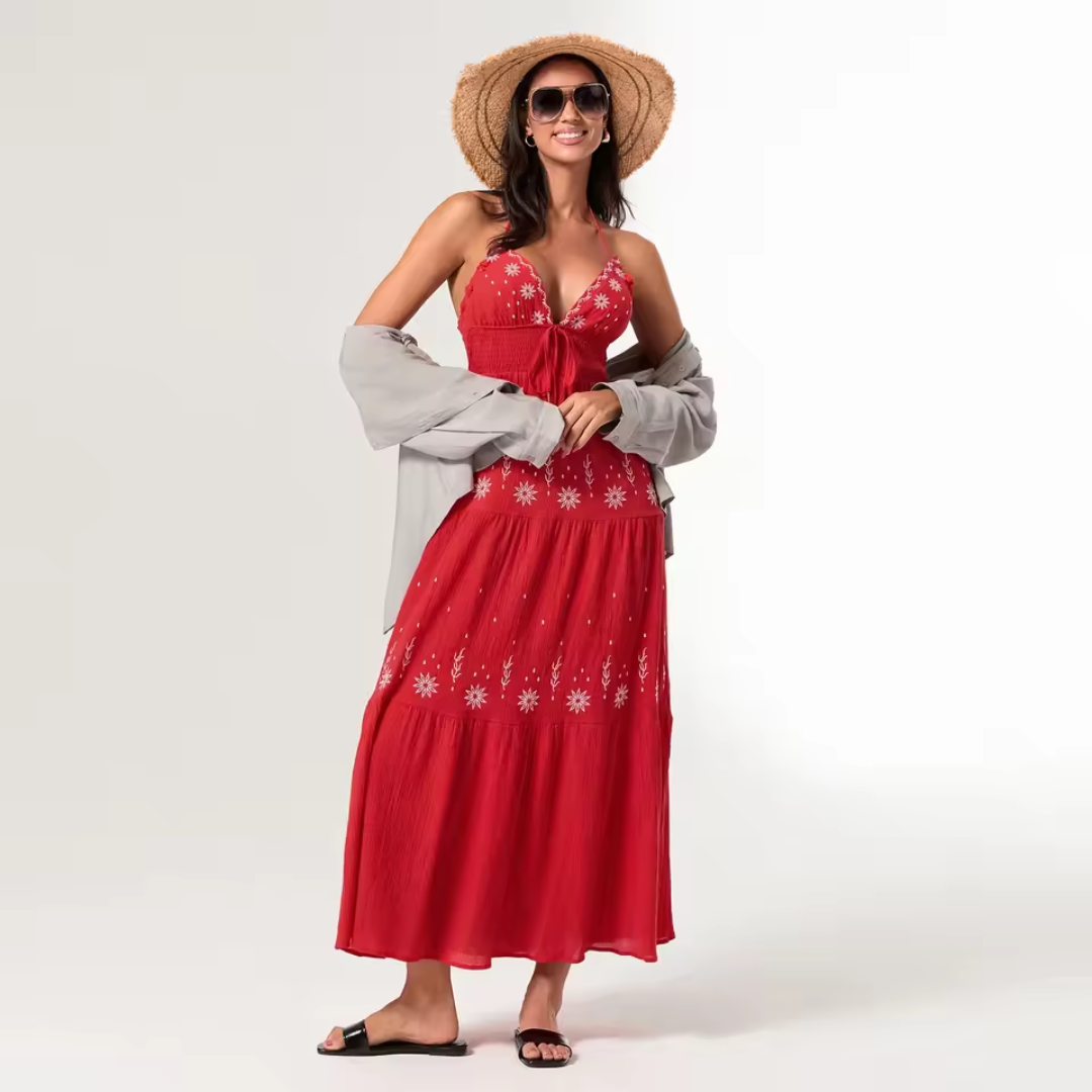 Vestido bohemio largo con detalles florales bordados