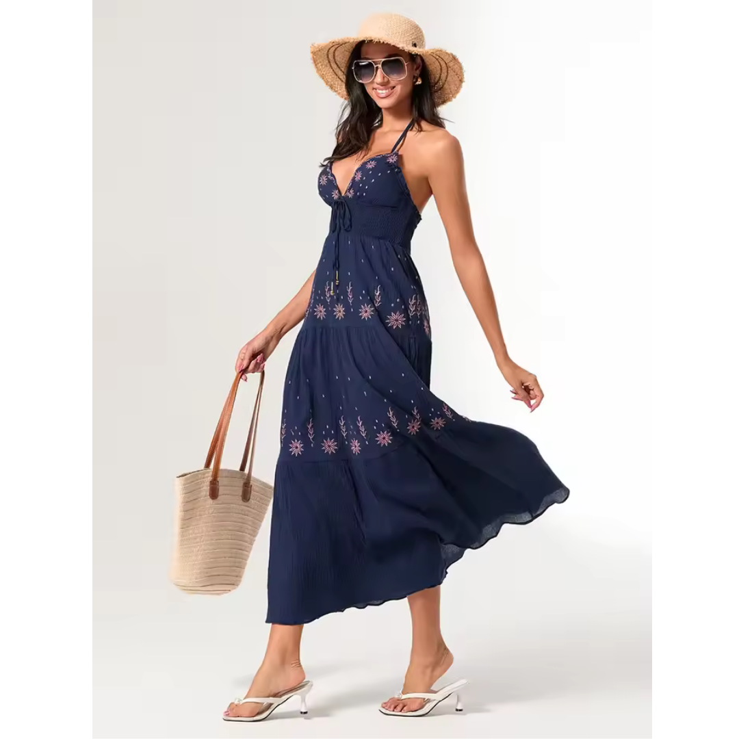 Vestido bohemio largo con detalles florales bordados