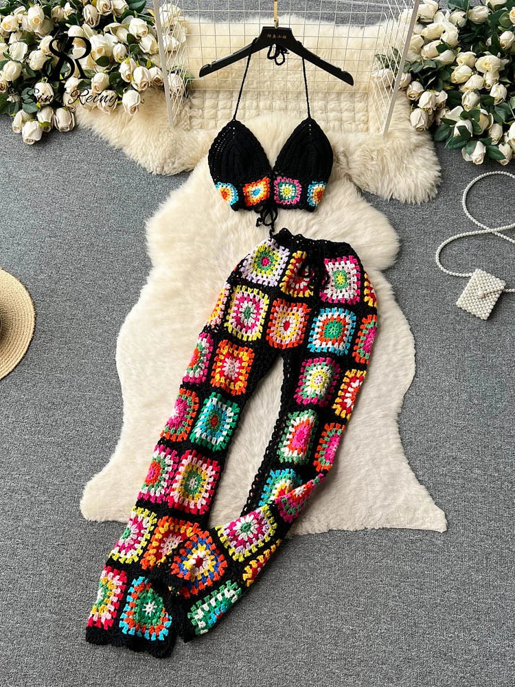Conjunto crochet colorido ropa de playa para mujer top y pantalón