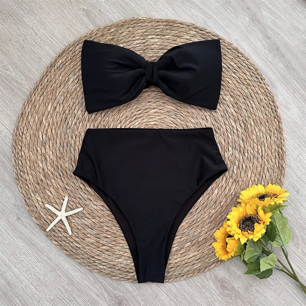 Bikini Elegancia Negra con Moño y Cintura Alta