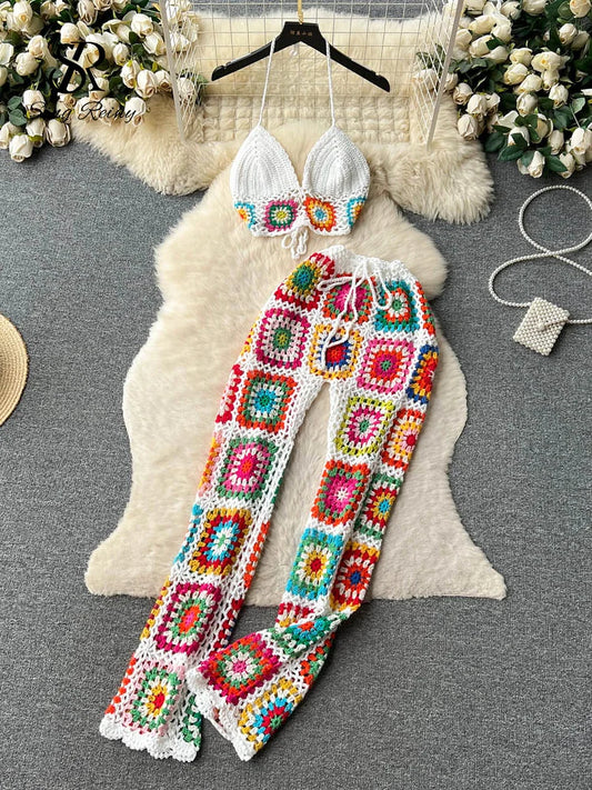 Conjunto crochet colorido ropa de playa para mujer top y pantalón